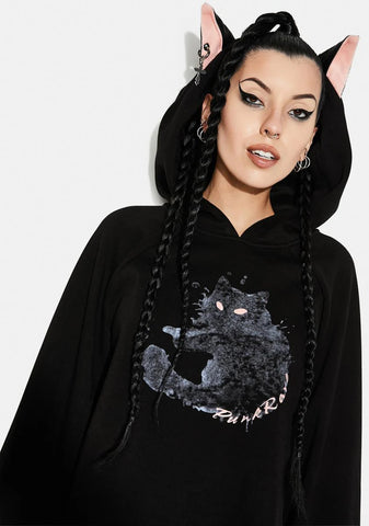 Cat Print Loose Fit Velvet Hoodie