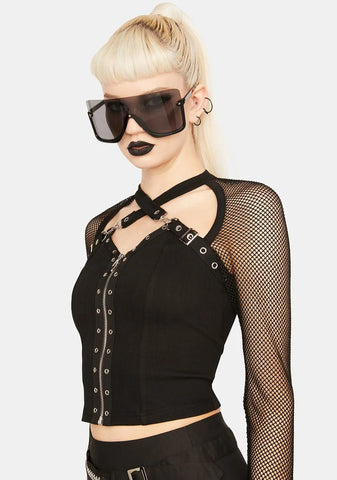 Studded Zipper Mesh Top