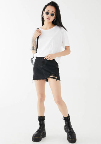 One Sided Distressed Hem Denim Skirt