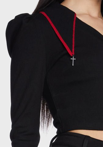 V-Neck Pointed Collar Princess Long Sleeve Top