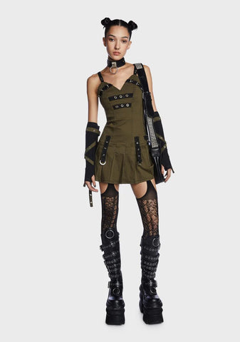 Army Pleated Mini Dress