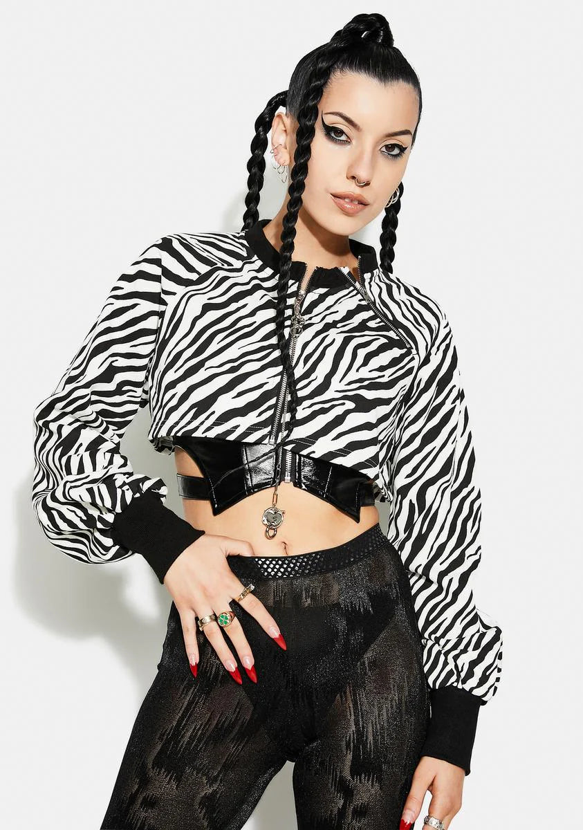 Zebra Print Double Zipper Cardigan