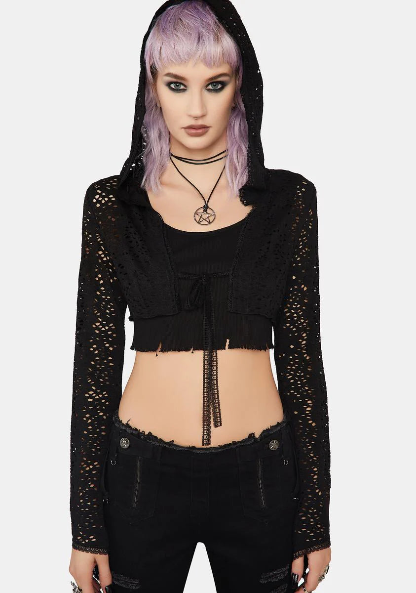 Black Gothic Hole Daily Short Hooded Jacket