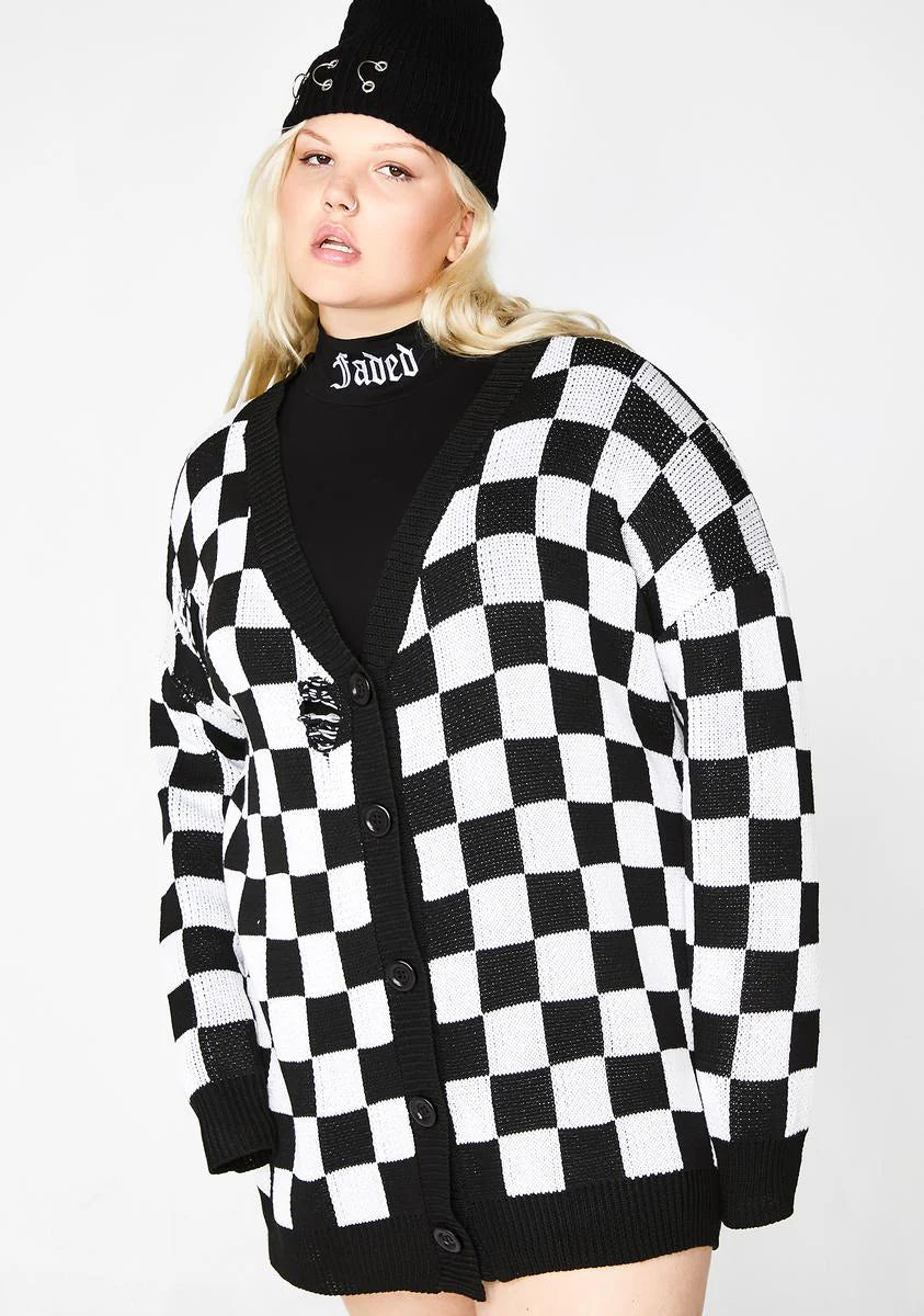 Baddie Square Me Up Checkered Cardigan