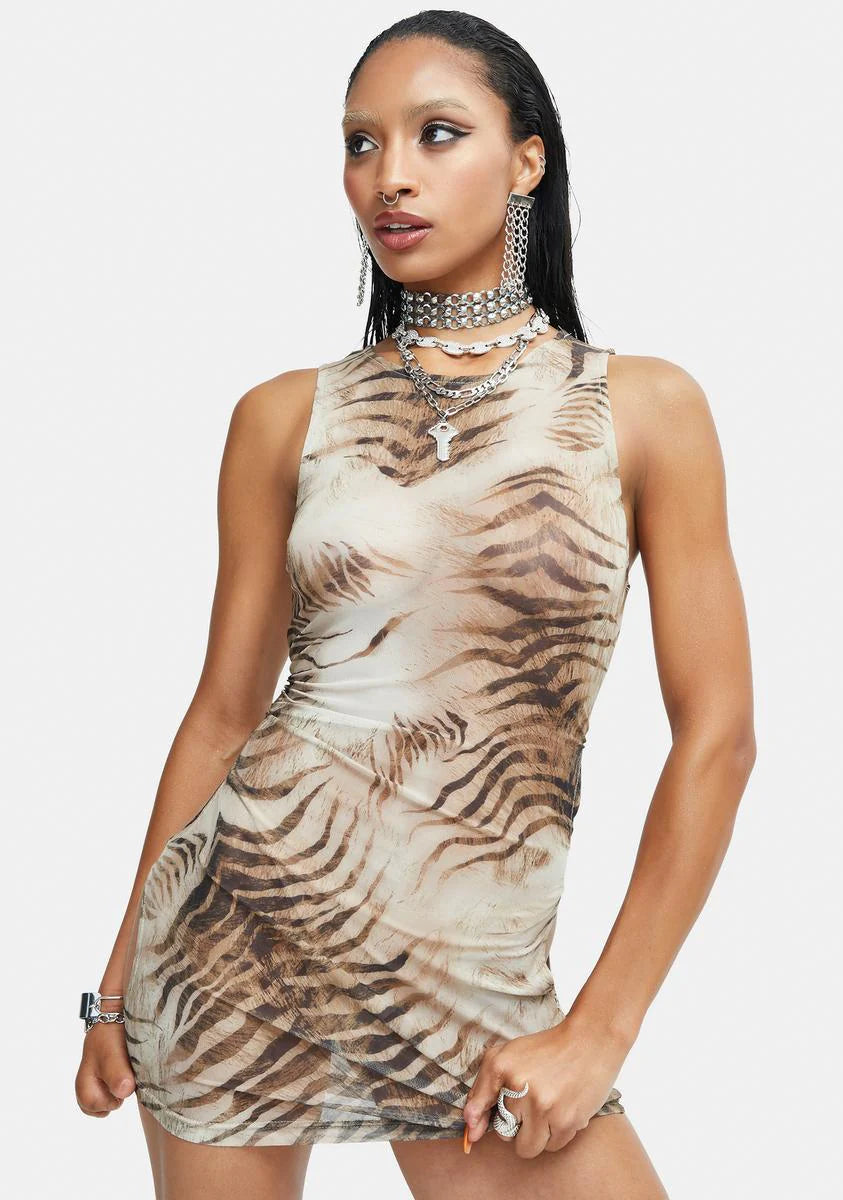 Tiger Brown Mesh Ardice Mini Dress