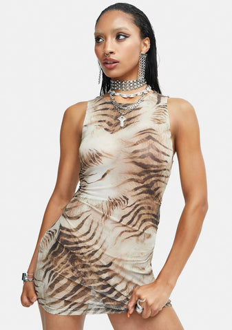 Tiger Brown Mesh Ardice Mini Dress