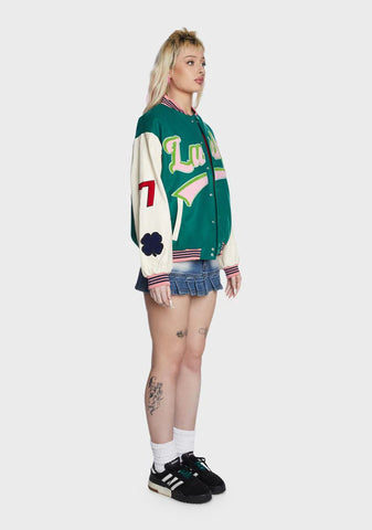 Embroidered Patch Green Varsity Jacket
