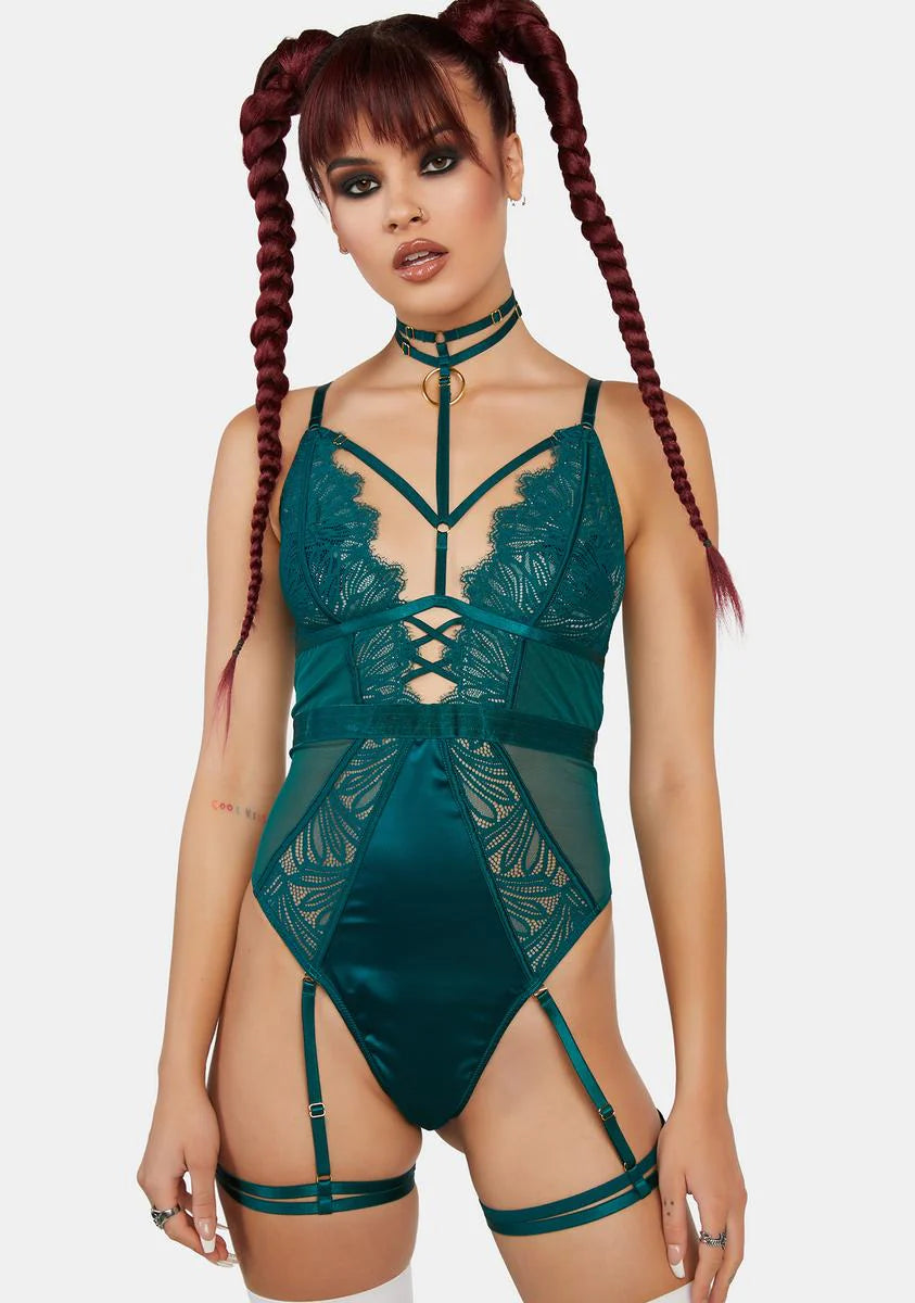 WW x Sammi Forest Green Satin & Lace Wired Harness Bodysuit