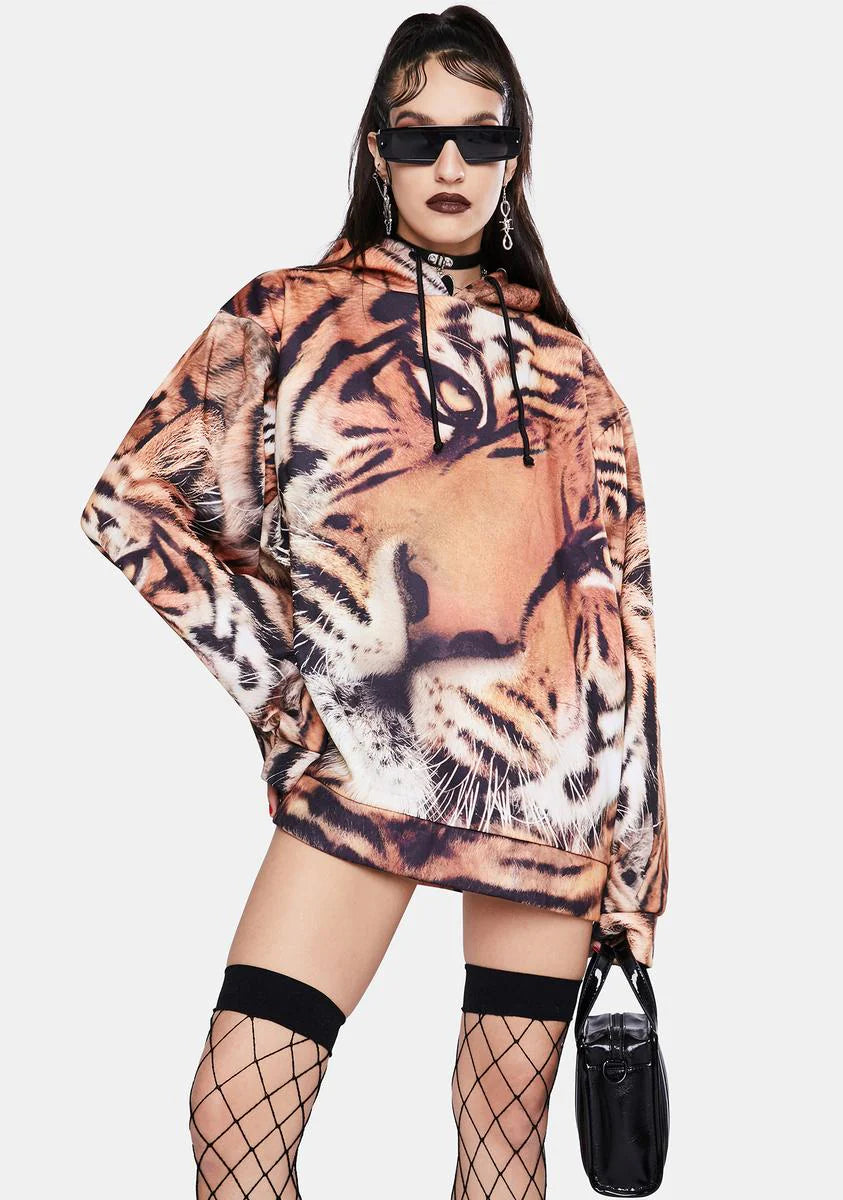 Tiger Face Print Oversized Hoodie