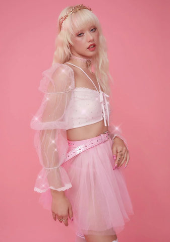 Star Signs Rhinestone Puff Sleeve Crop Top