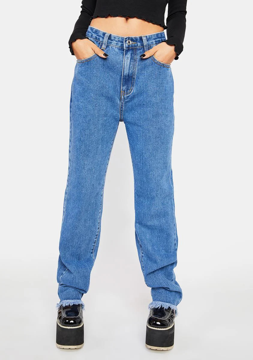 Long Straight Leg Jeans With Raw Hem