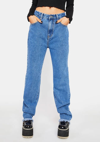 Long Straight Leg Jeans With Raw Hem