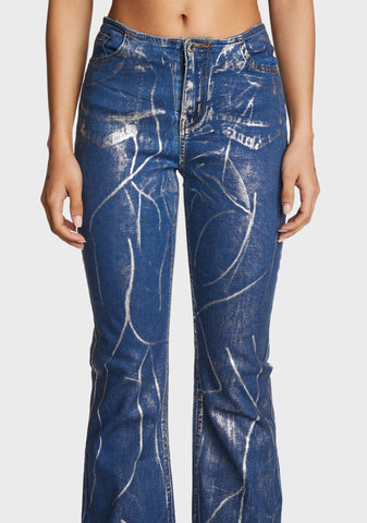Metallic Coated Low Rise Flared Jeans
