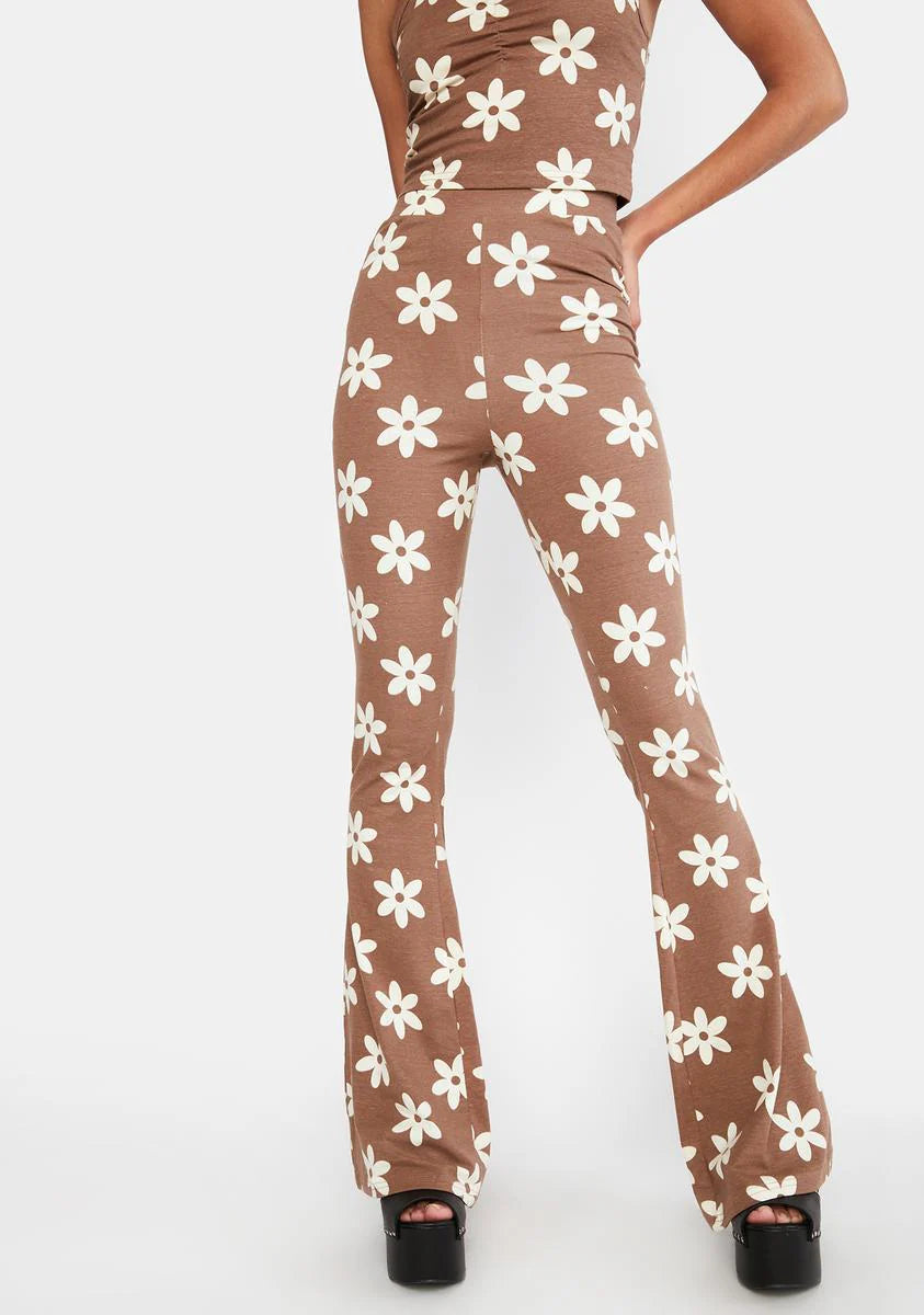 Tan Floral Fit And Flare Pants