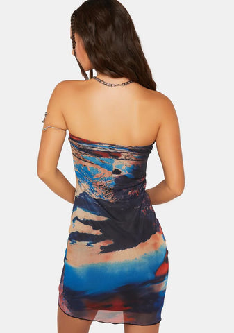 Scenic Print Mesh Strapless Mini Dress