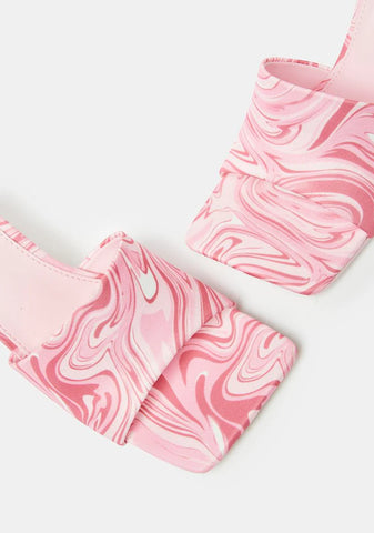 Pink Swirl Print Squared Toe Heeled Mules
