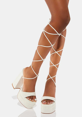 White Robin Lace-Up Platform Heels