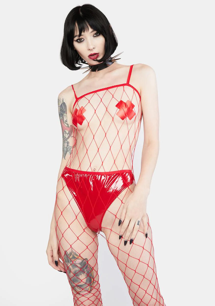 Cherry Entice 'Em Fence Net Bodystocking