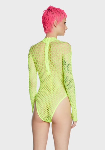 Fever Long Sleeve Zipped Bodysuit - Neon Yellow