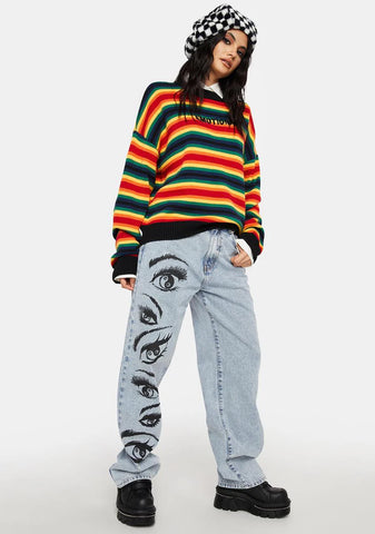 Yin Yang Eyes Printed Loose Jeans
