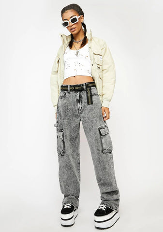 Washed Grey Low Rise Baggy Wide Leg Jeans
