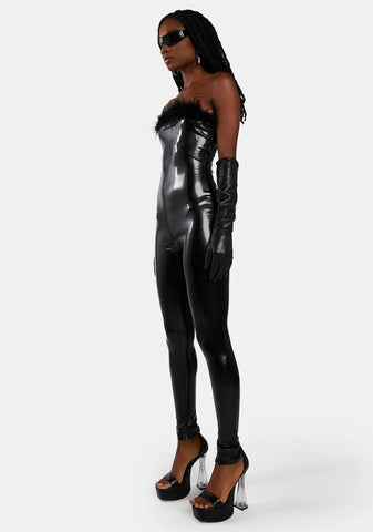 In The Spotlight Patent Marabou Jumpsuit