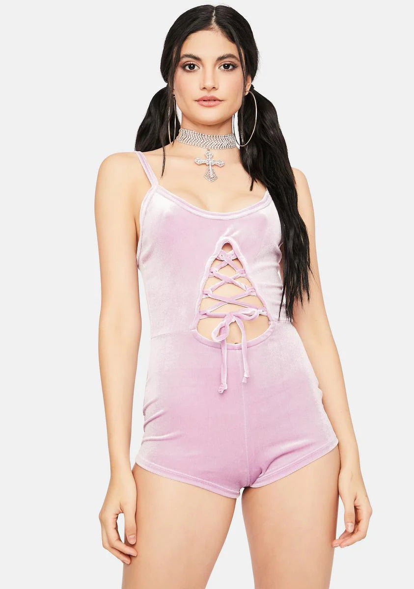 Mauve Changing Perspectives  Velour Lace Up Romper