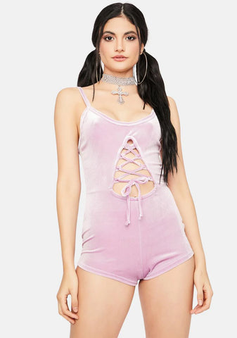 Mauve Changing Perspectives  Velour Lace Up Romper