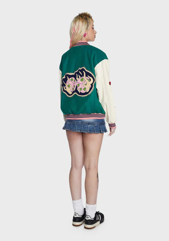 Embroidered Patch Green Varsity Jacket