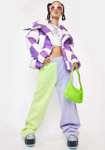 Purple Checkerboard Puffer Jacket