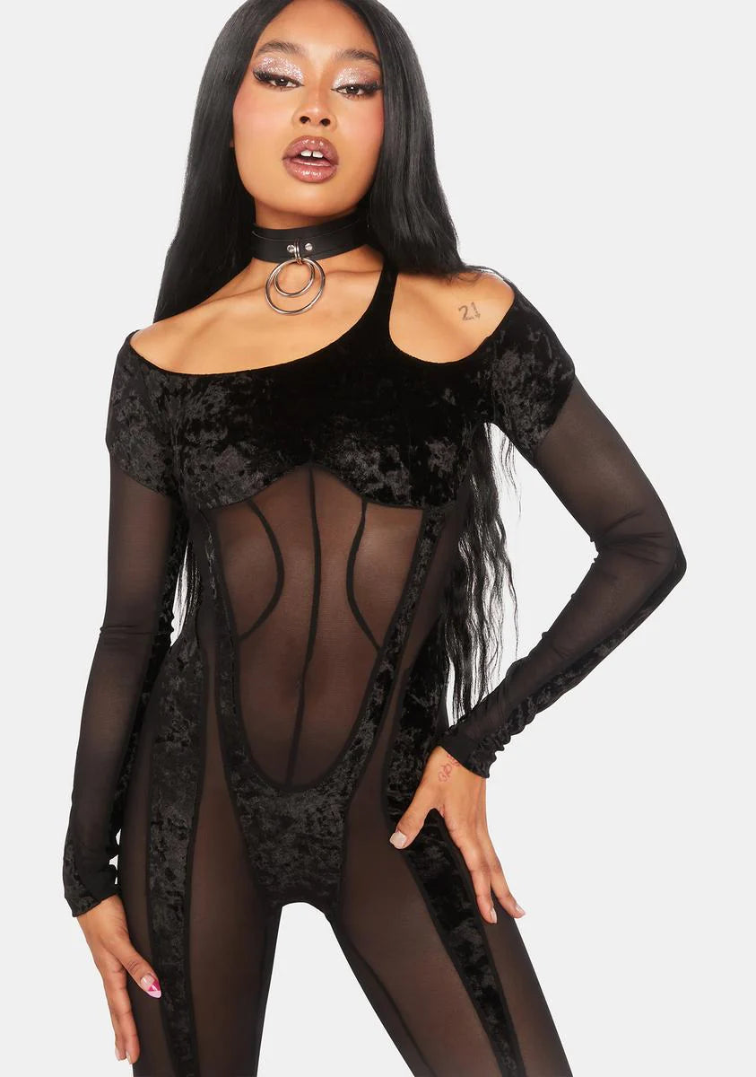 Sheer Black Velvet-Mesh Catsuit