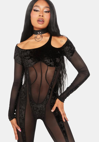 Sheer Black Velvet-Mesh Catsuit