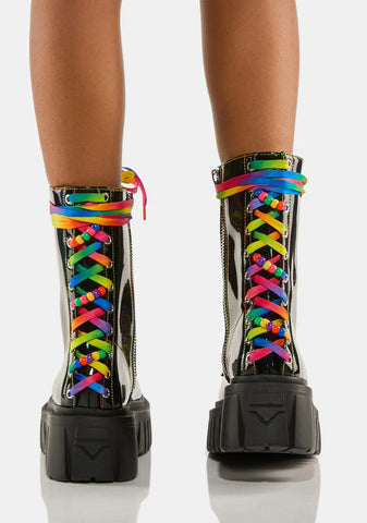 Laser Disco Rainbow Lace-Up Boots