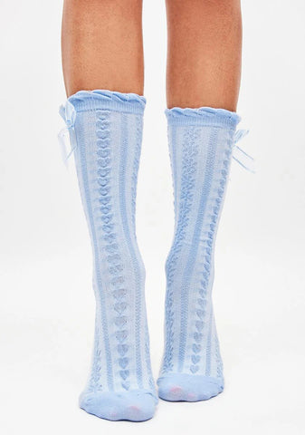 Aqua Peaceful in Pointelle Bow Crew Socks