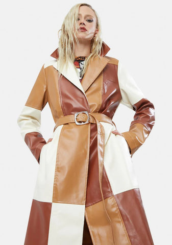 Patchwork Vegan Leather Belted Trench Coat
