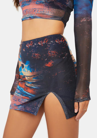 Scenic Print Mesh Slit Mini Skirt
