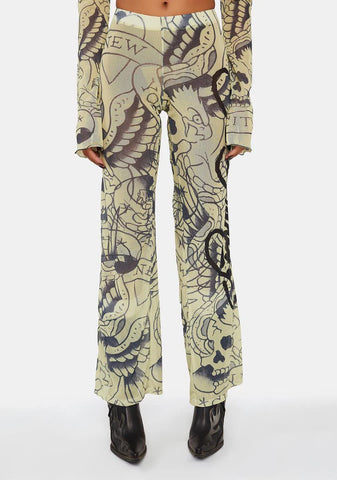 Eagle Skull Mesh Flare Pants