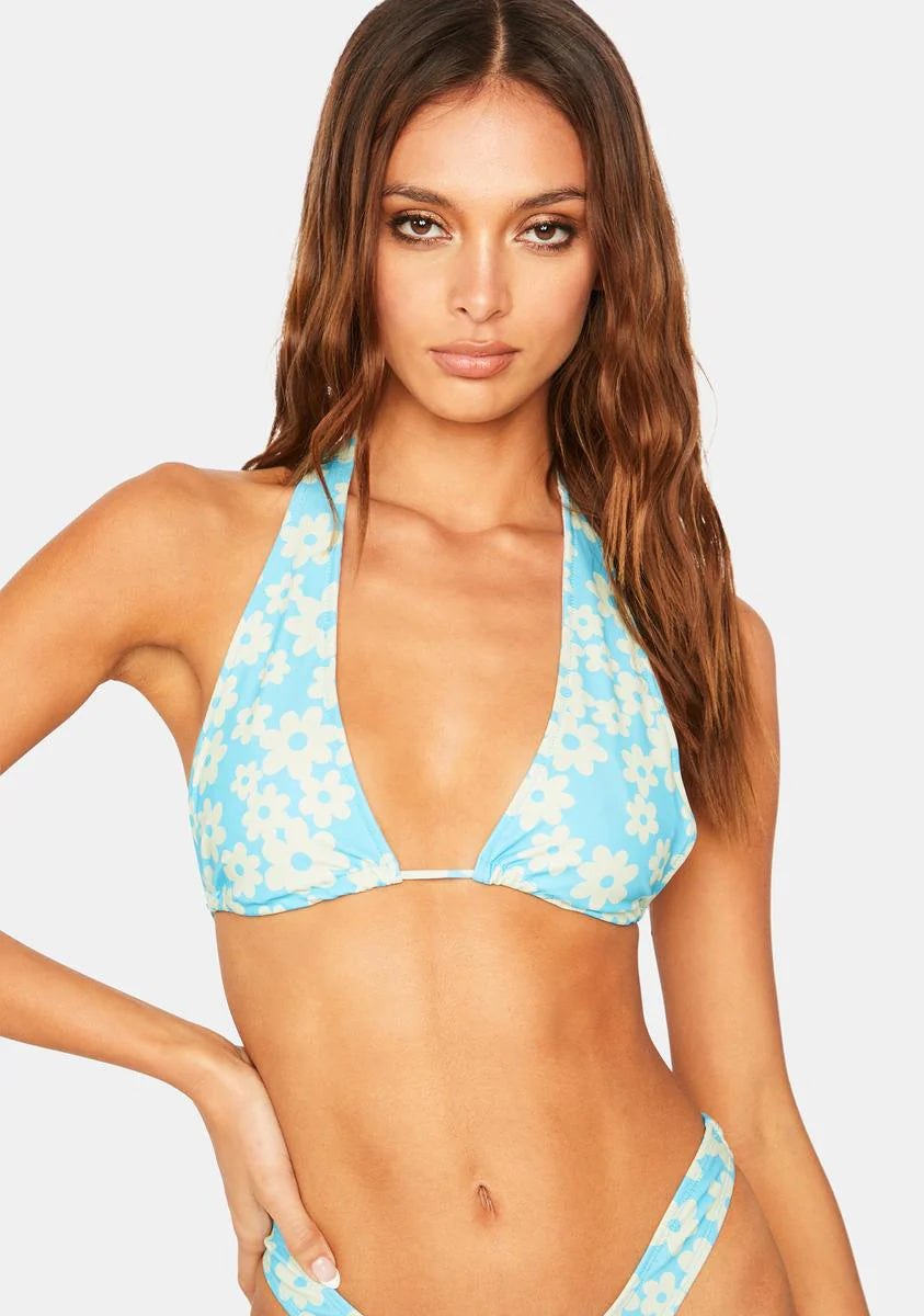 Retro Daisy Blue Cerry Bikini Top