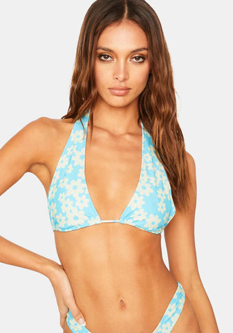 Retro Daisy Blue Cerry Bikini Top