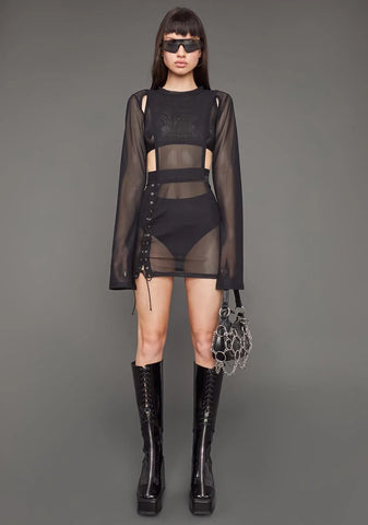 Ruthless Heart Mesh Lace-Up Dress