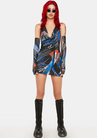 Blue Racing Mesh Drape Dress