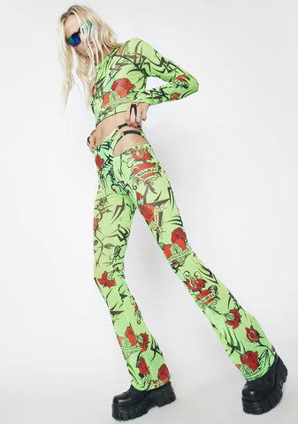 Neon Green Tattoo Rose Speed Racer Mesh Pants