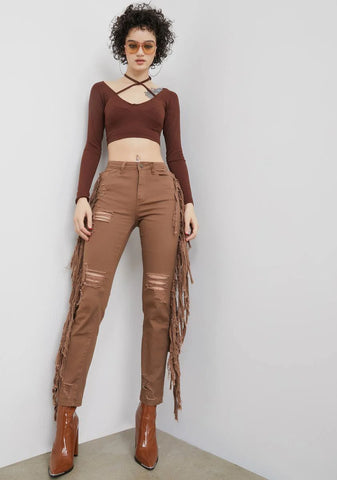 Whiskey Night Crawling Distressed Fringe Jeans