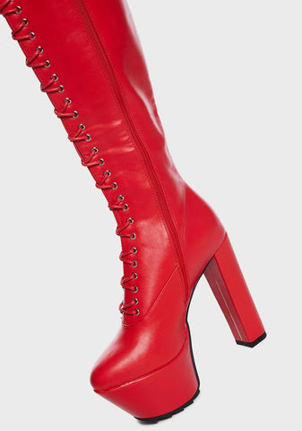 Red Chaperone Patent Knee High Platform Boots