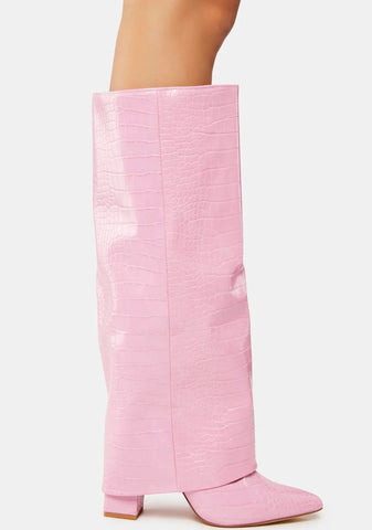 Pink Zendaya Croc Pointed Toe Knee High Boots