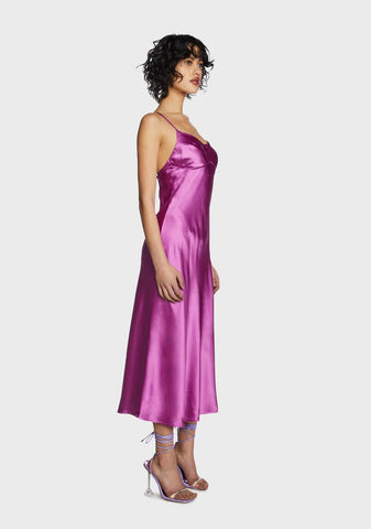Purple Satin Back Slit Maxi Dress