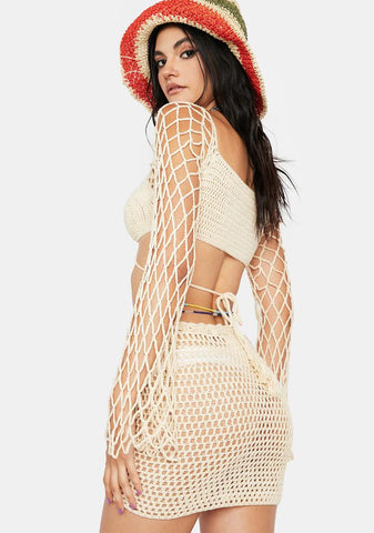 Beige Day In The Sun Crochet Skirt Set