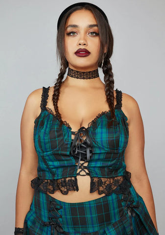 Teal Miss Charm School Dropout Plaid Corset Top