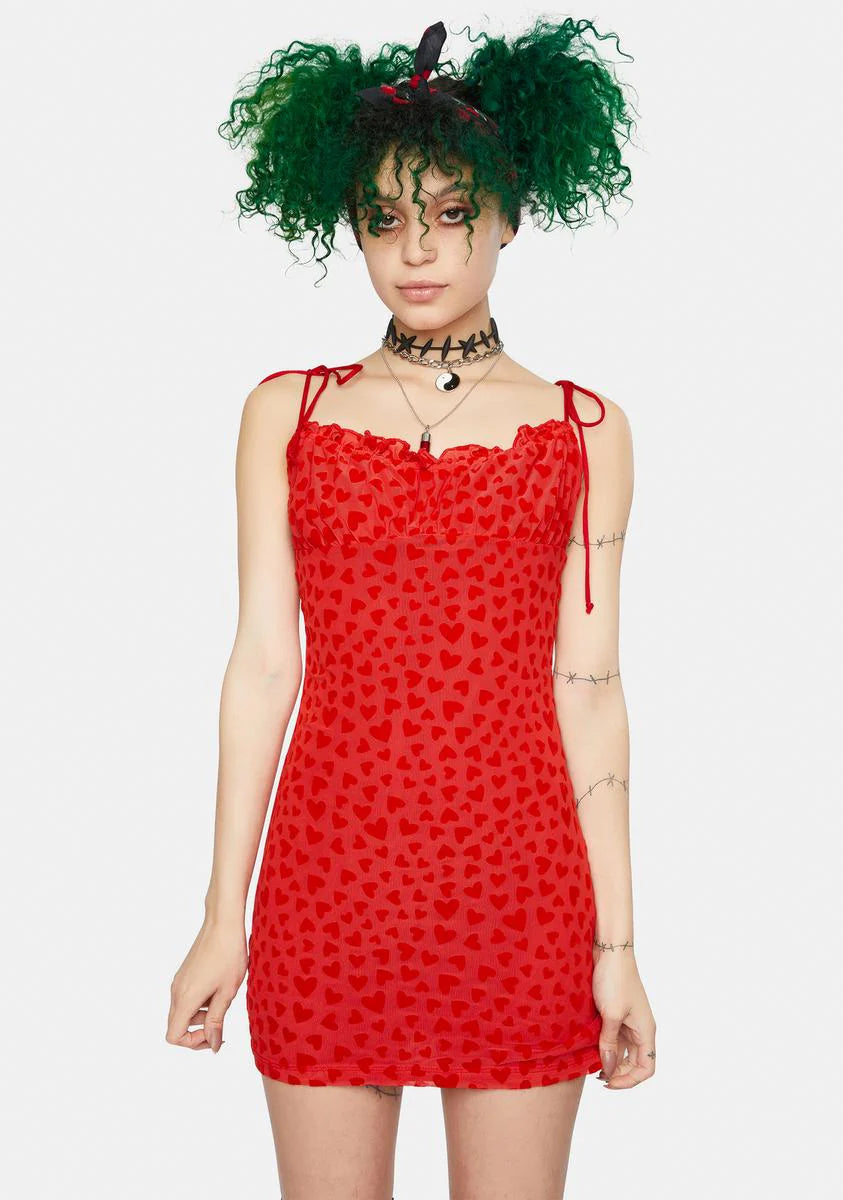 Red Mesh Heart Flock Kalosa Mini Dress