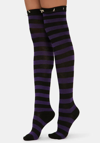 Violet Evil Delights Striped Thigh High Socks